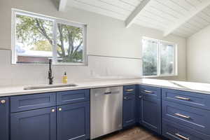 Kitchen with dark wood-type flooring, stainless steel dishwasher, and a healthy amount of sunlight