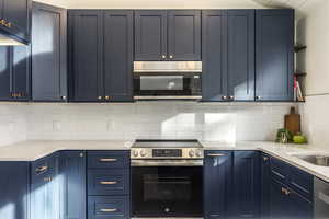 Kitchen featuring blue cabinetry, stainless steel appliances, and tasteful backsplash