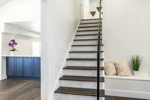 Staircase featuring wood-type flooring