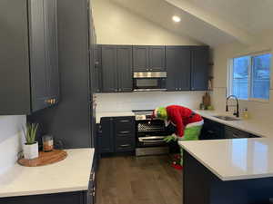 Kitchen featuring lofted ceiling with beams, sink, appliances with stainless steel finishes, tasteful backsplash, and dark hardwood / wood-style flooring