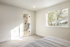 Carpeted bedroom featuring ensuite bath and multiple windows