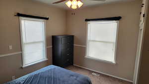 Carpeted bedroom with ceiling fan and multiple windows