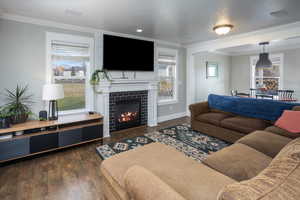 Living room featuring dark hardwood / wood-style flooring, decorative columns, crown molding, and a tiled fireplace