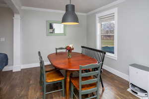 Dining room with ornamental molding and dark wood-type flooring