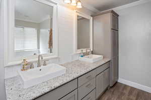 Bathroom featuring hardwood / wood-style flooring, vanity, and ornamental molding