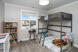 Carpeted bedroom featuring ornamental molding