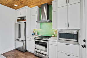 Kitchen featuring white cabinetry, dark wood-type flooring, wall chimney range hood, and appliances with stainless steel finishes