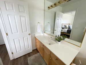 Bathroom with LVP flooring and vanity