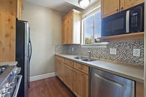 Kitchen with backsplash, sink, dark wood-type flooring, and appliances with stainless steel finishes