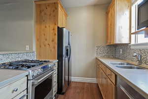 Kitchen featuring decorative backsplash, appliances with stainless steel finishes, light brown cabinetry, sink, and dark hardwood / wood-style floors