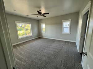 Example Primary room with ceiling fan and dark carpet