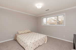 Bedroom with light carpet and ornamental molding