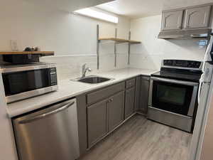 Kitchen with backsplash, sink, gray cabinets, light wood-type flooring, and appliances with stainless steel finishes