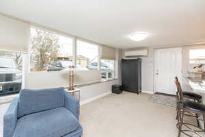 Living area with light carpet and a wall mounted AC