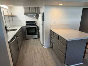 Kitchen with gray cabinetry, sink, stainless steel appliances, a kitchen breakfast bar, and light hardwood / wood-style flooring