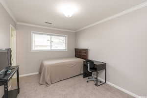 Bedroom with light carpet and ornamental molding