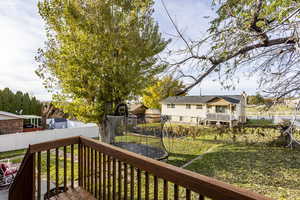 Deck with a trampoline and a lawn