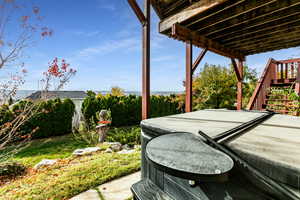 View of back yard with covered hot tub.