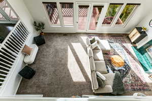 View of family room from 2nd level open hallway.