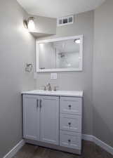 Bathroom featuring vanity and hardwood / wood-style flooring