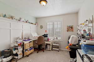 Office with light colored carpet and a textured ceiling