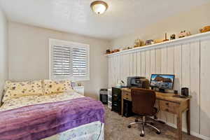 Carpeted bedroom with a textured ceiling