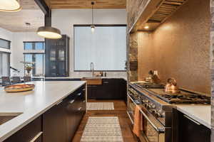 Kitchen with dark hardwood floors, high end stove, sink, and decorative light fixtures