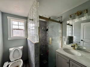 Bathroom featuring vanity, an enclosed shower, and toilet