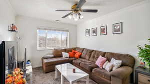 Carpeted living room featuring crown molding, ceiling fan, and a textured ceiling