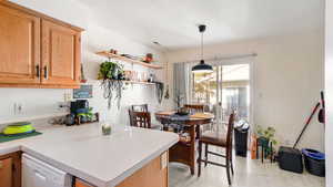 Kitchen featuring white dishwasher and decorative light fixtures