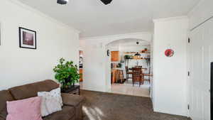 Living room featuring carpet and ornamental molding