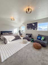 Bedroom with carpet flooring, a textured ceiling, and vaulted ceiling