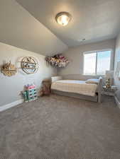 Carpeted bedroom featuring a textured ceiling and lofted ceiling