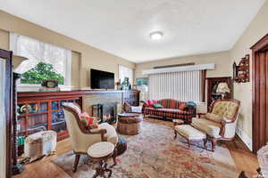 Living room featuring a fireplace and light hardwood / wood-style flooring