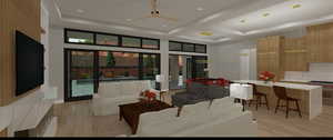 Living room featuring beam ceiling and light hardwood / wood-style floors