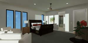 Carpeted bedroom with ceiling fan and ensuite bath