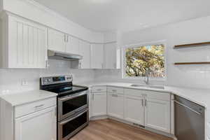 Kitchen featuring appliances with stainless steel finishes, sink, exhaust hood, light hardwood / wood-style flooring, and white cabinets