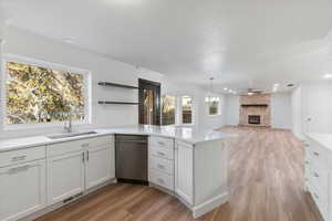 Kitchen featuring kitchen peninsula, stainless steel dishwasher, a healthy amount of sunlight, and sink