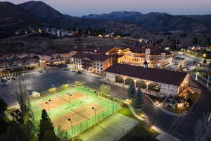 Aerial view at dusk with a mountain view