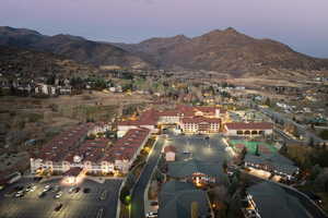 Aerial view at dusk with a mountain view