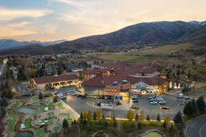 Aerial view at dusk with a mountain view