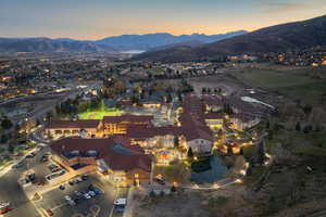 Aerial view at dusk with a mountain view