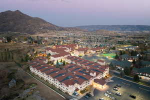 Aerial view at dusk with a mountain view