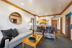 Living room with dark colored carpet and ornamental molding