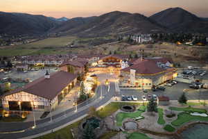 Aerial view at dusk with a mountain view