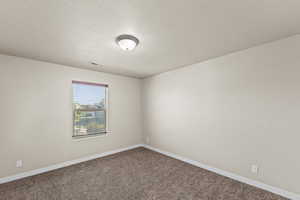 Empty room with carpet floors and a textured ceiling