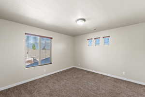 Carpeted spare room with a textured ceiling