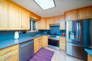 Kitchen with backsplash, sink, light wood-type flooring, and appliances with stainless steel finishes