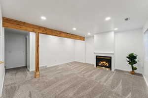 Basement with carpet