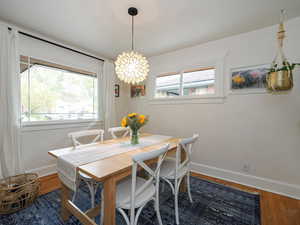 Dining space with dark hardwood / wood-style floors